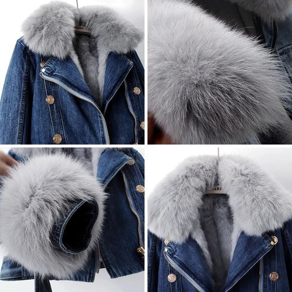 Manteau en jean doublé en fourrure de renard