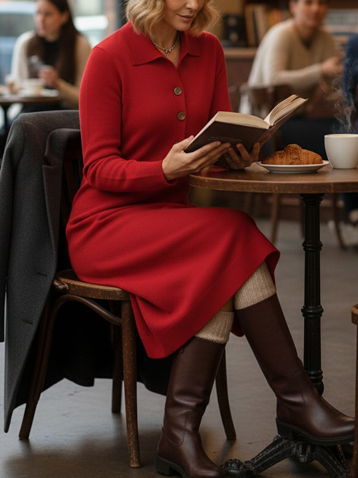 Robe midi classique en maille unie à col polo et boutons