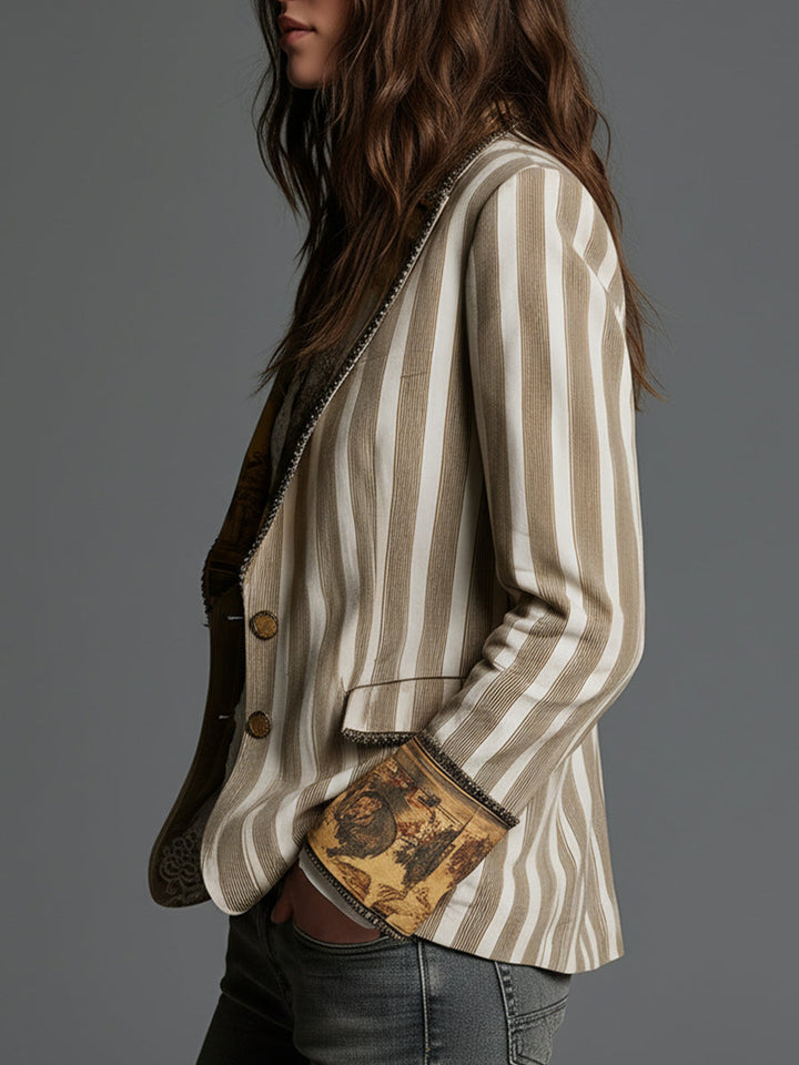 Blazer de Solapas Impresas a Rayas Boho para Mujeres