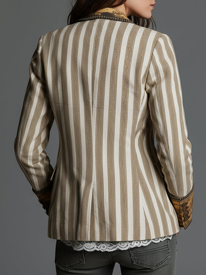 Blazer de Solapas Impresas a Rayas Boho para Mujeres