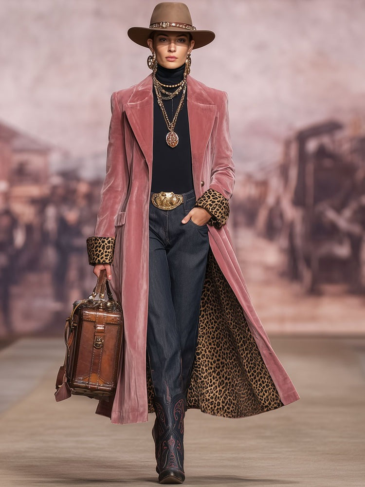 Manteau à revers en velours et imprimé léopard