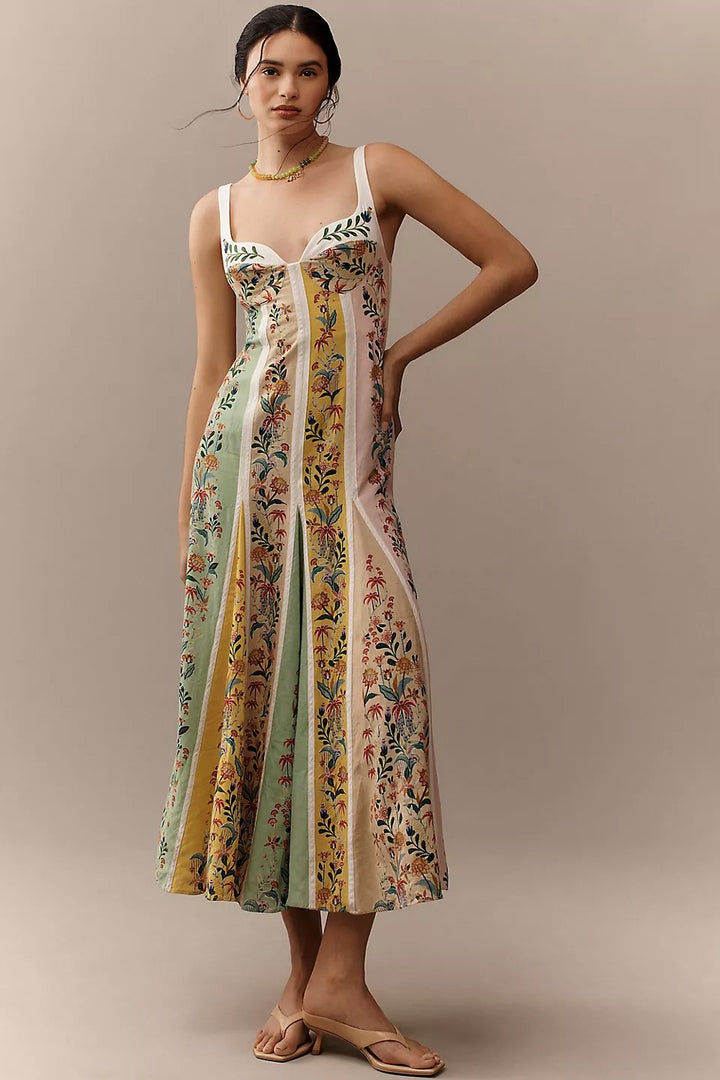 Robe longue à empiècements floraux en lin mélangé