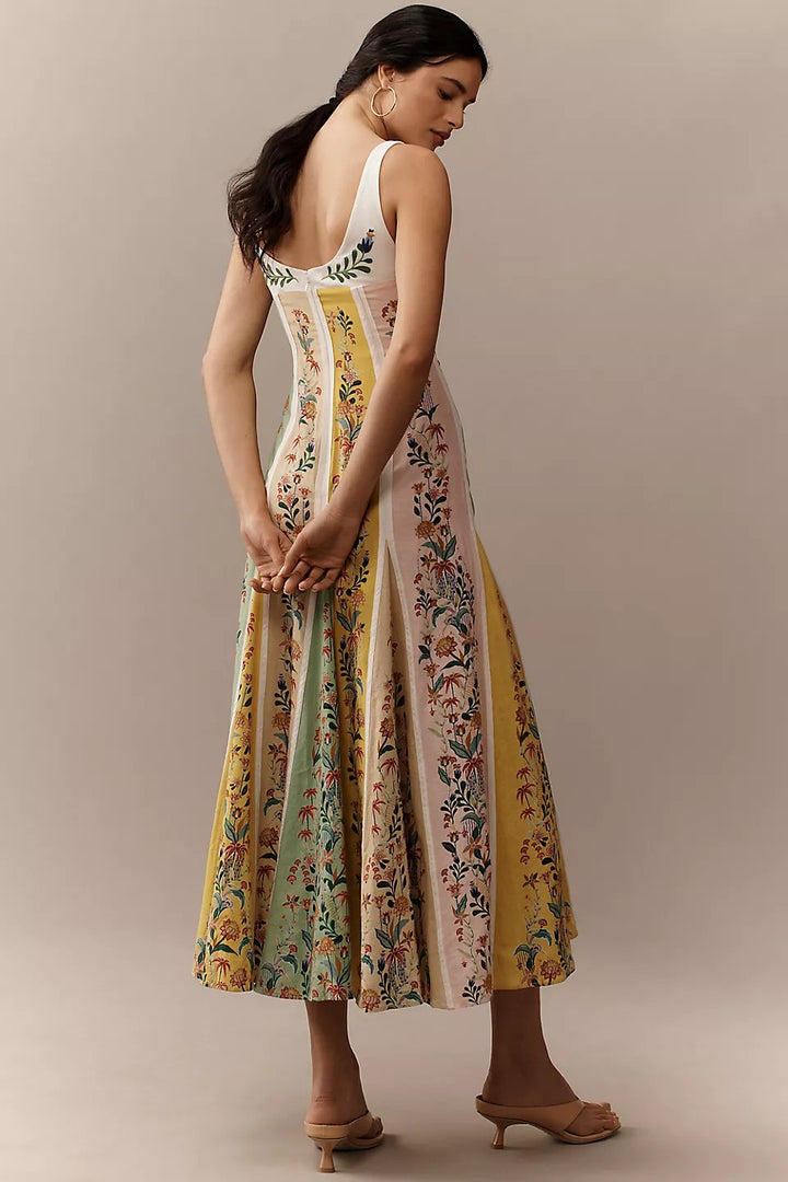 Robe longue à empiècements floraux en lin mélangé