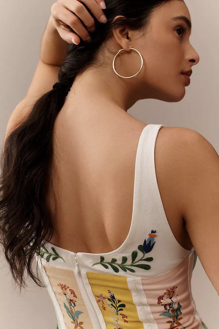 Robe longue à empiècements floraux en lin mélangé