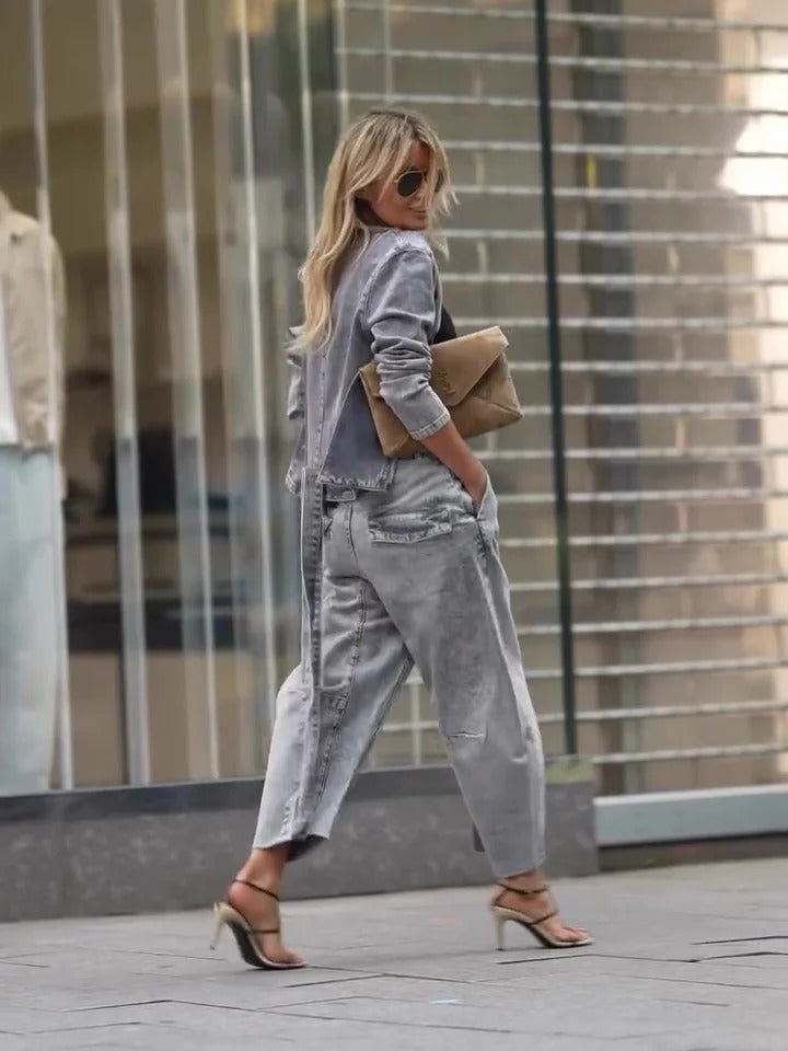 Ensemble veste légère et pantalon taille haute en denim