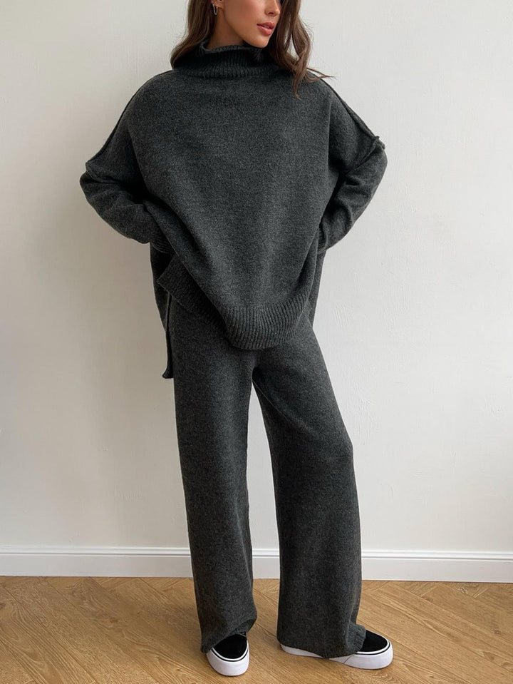 Ensemble pantalon en tricot à col roulé uni