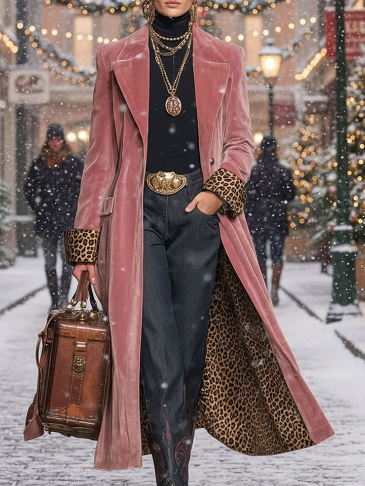 Manteau à revers en velours et imprimé léopard