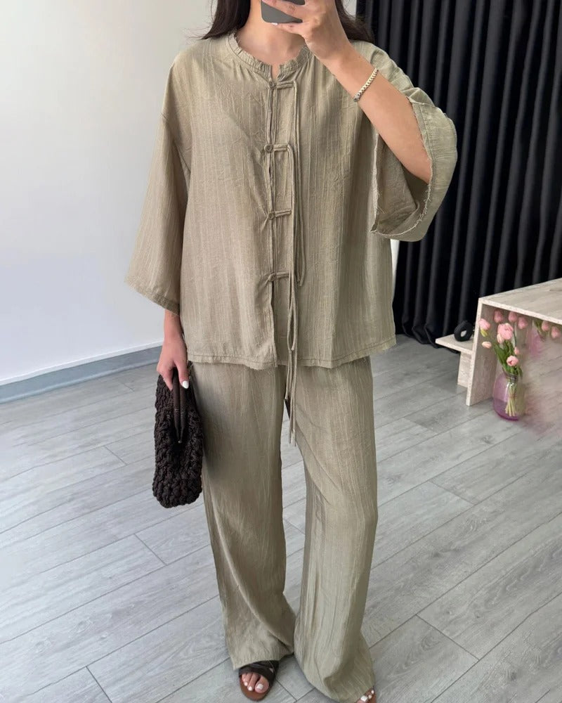 Ensemble deux pièces chemise boutonnée et pantalon tendance