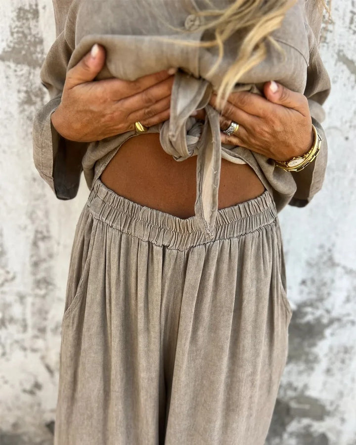 Ensemble deux pièces décontracté avec chemise unie et jambe large