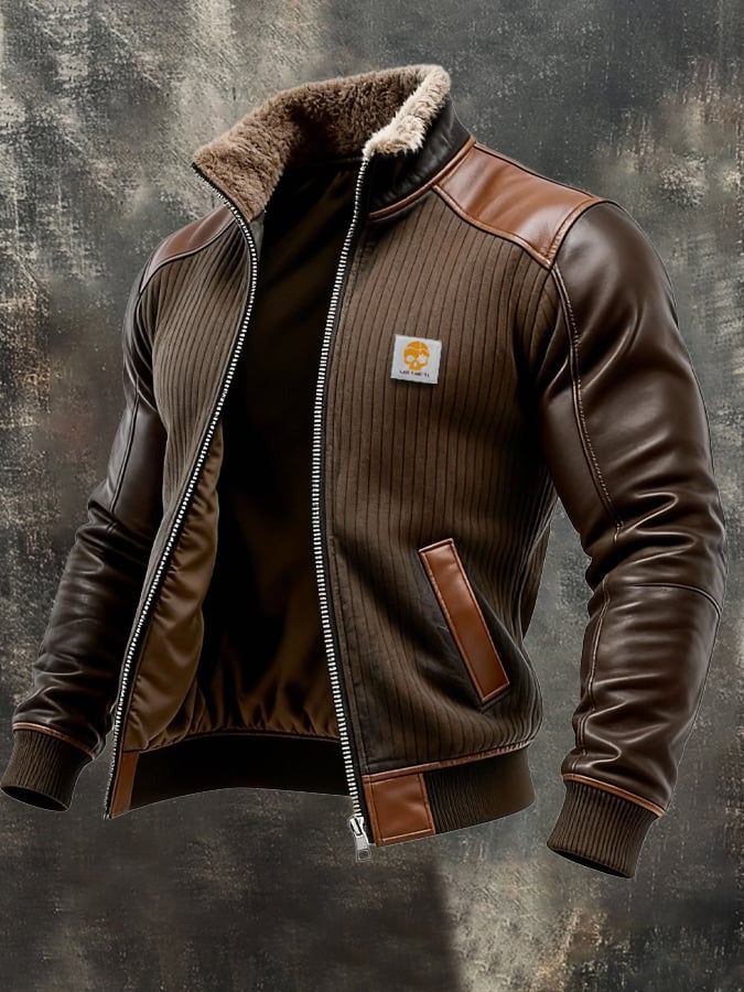 Veste rétro en tricot côtelé avec design patchwork en cuir