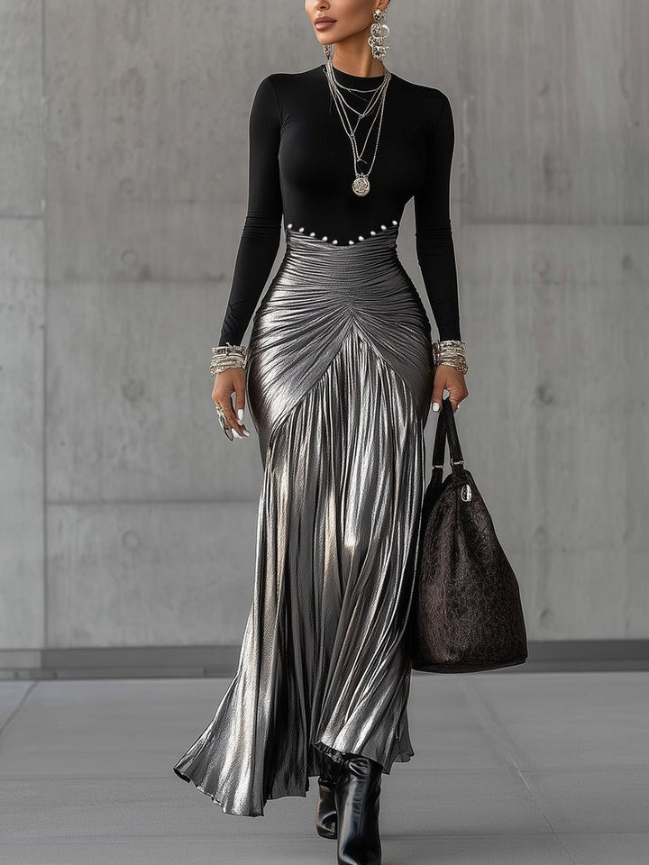 Robe longue plissée métallisé