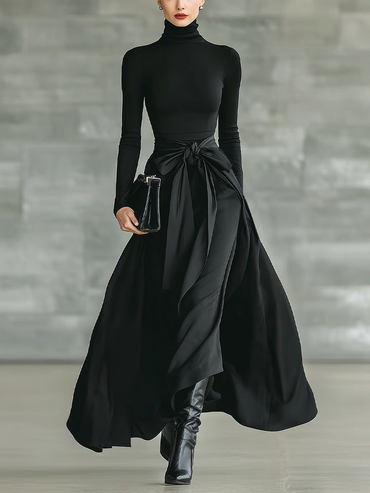 Robe longue évasée à col montant en maille extensible