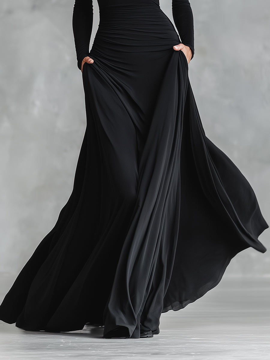 Robe longue en crêpe froncée à col bateau