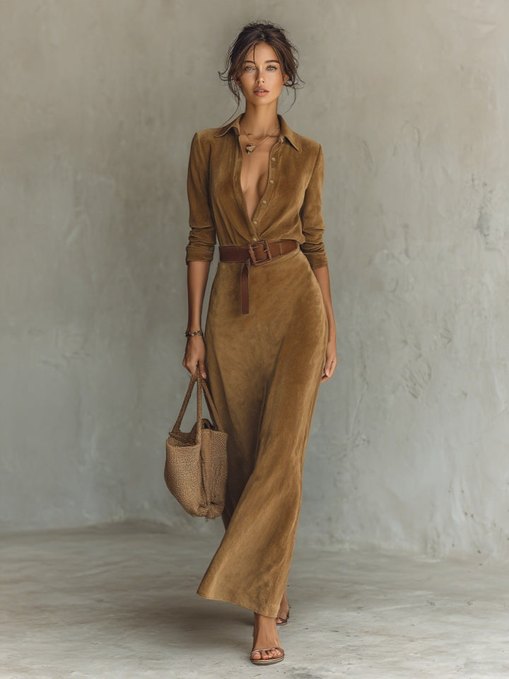 Robe longue en daim à simple boutonnage et ceinture