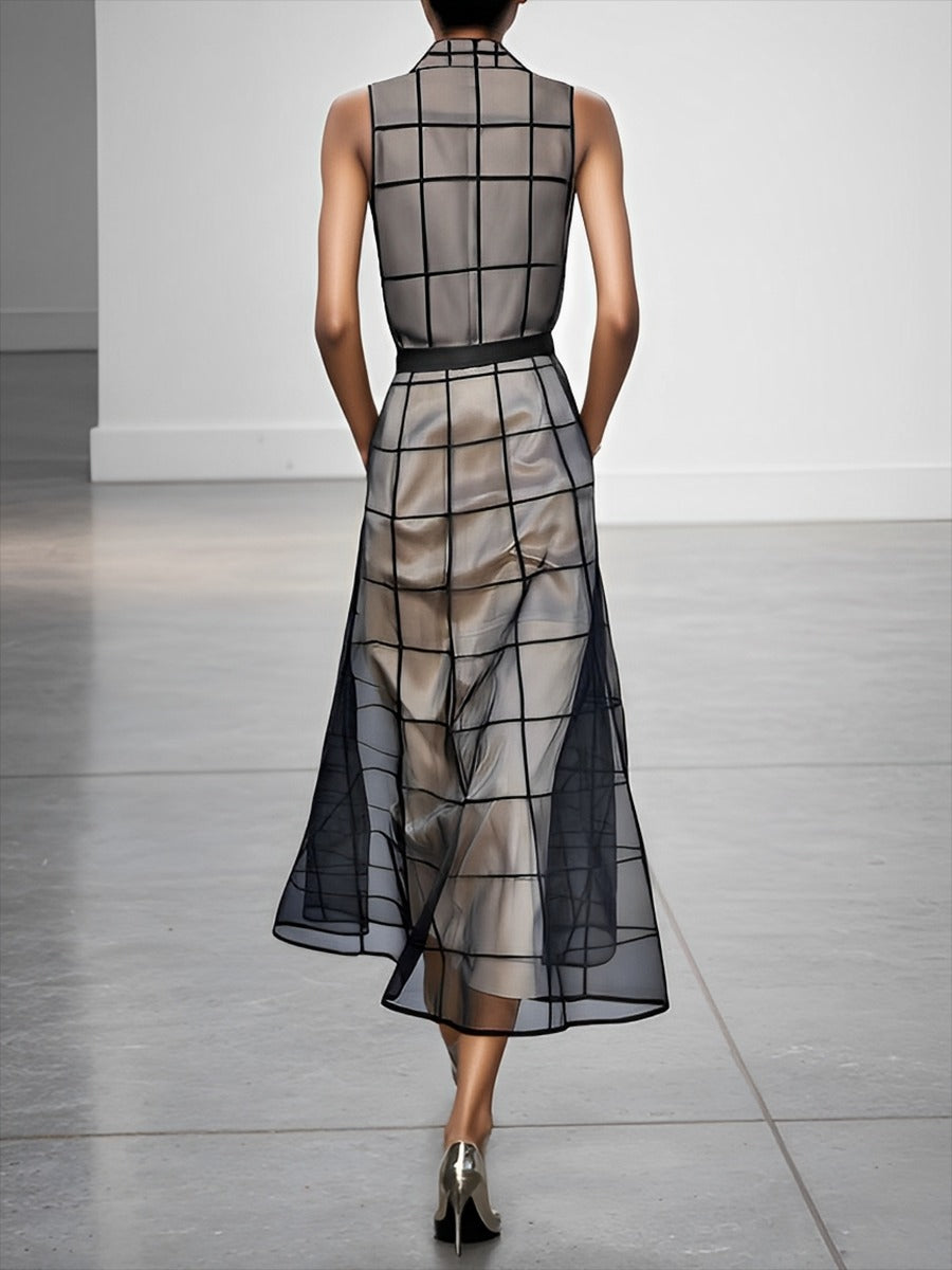 Robe longue à carreaux en tulle ceinturée