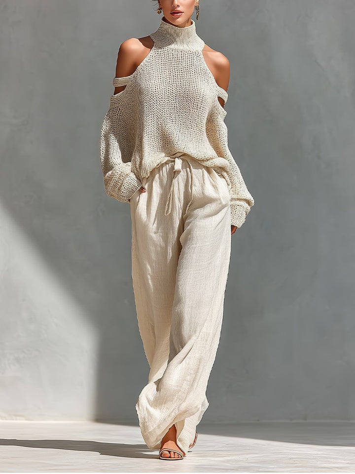 Ensemble haut à col roulé à épaules dénudées en maille et pantalon large