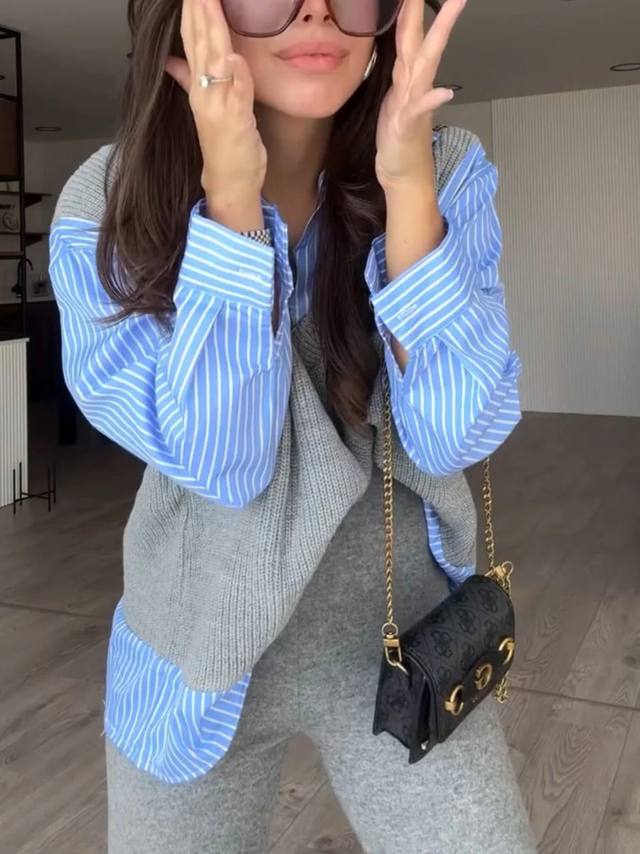 Ensemble deux pièces en tricot avec chemise rayée