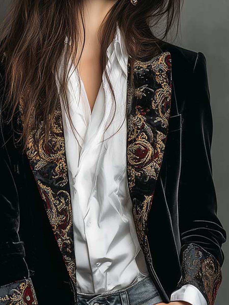 Blazer Slim Fit de Mujer con Estampado Barroco Negro