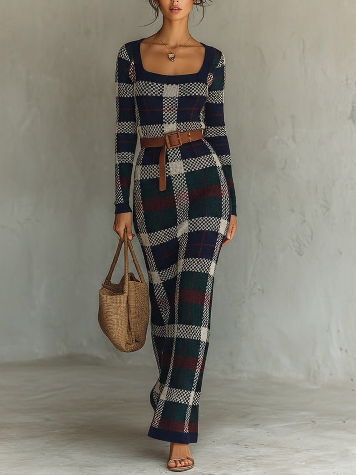 Robe à carreaux en maille avec ceinture