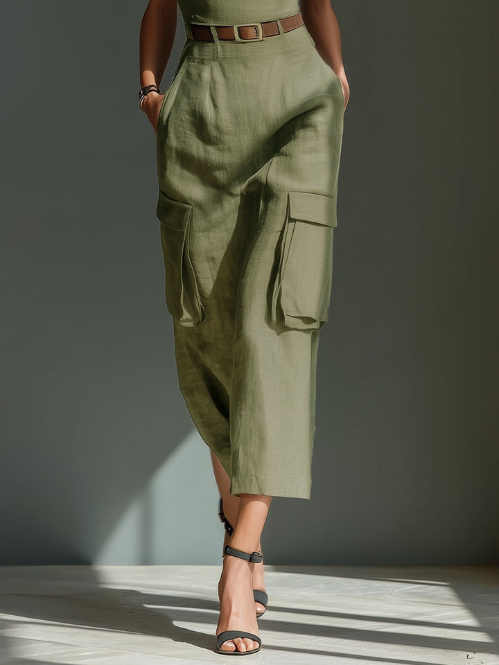 Combinaison en lin vert olive avec poches cargo et ceinture à la taille