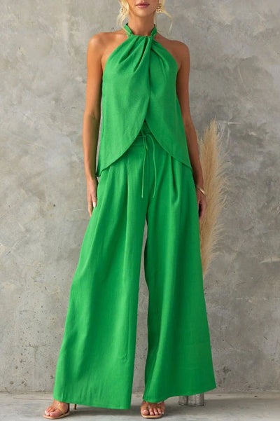 Ensemble haut fendu et pantalon taille haute en lin mélangé