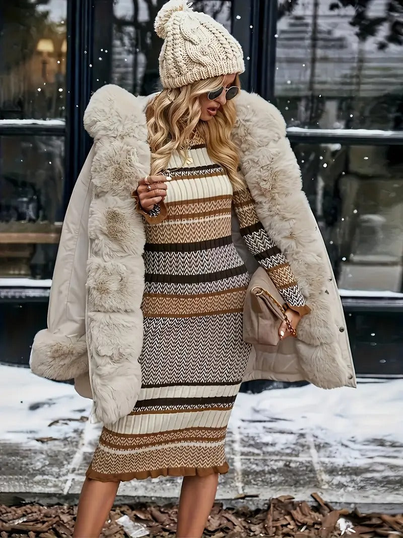 Robe pull à manches longues rayée avec bordures froncées