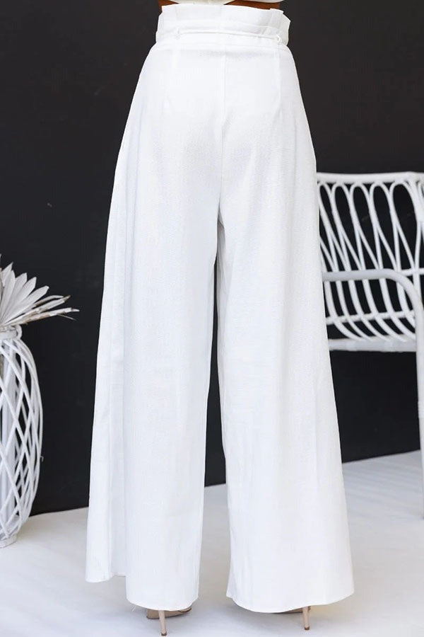 Ensemble haut fendu et pantalon taille haute en lin mélangé