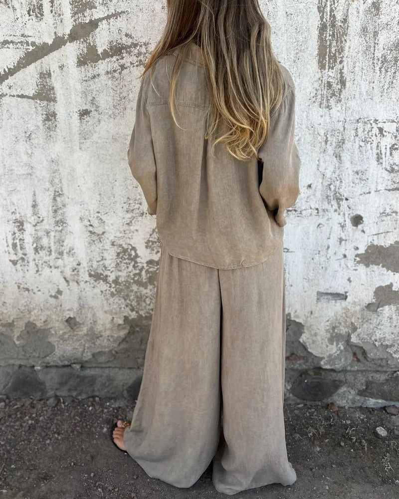 Ensemble deux pièces décontracté avec chemise unie et jambe large