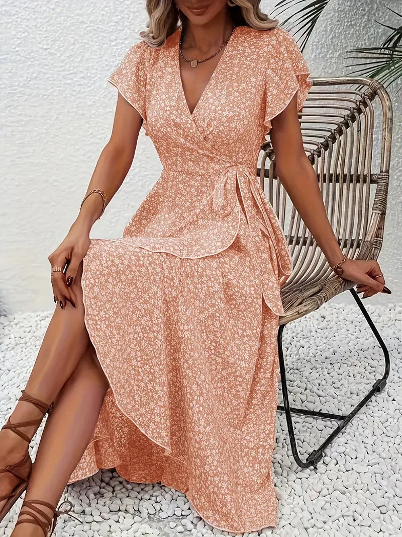Robe mi-longue élégante à motifs floraux