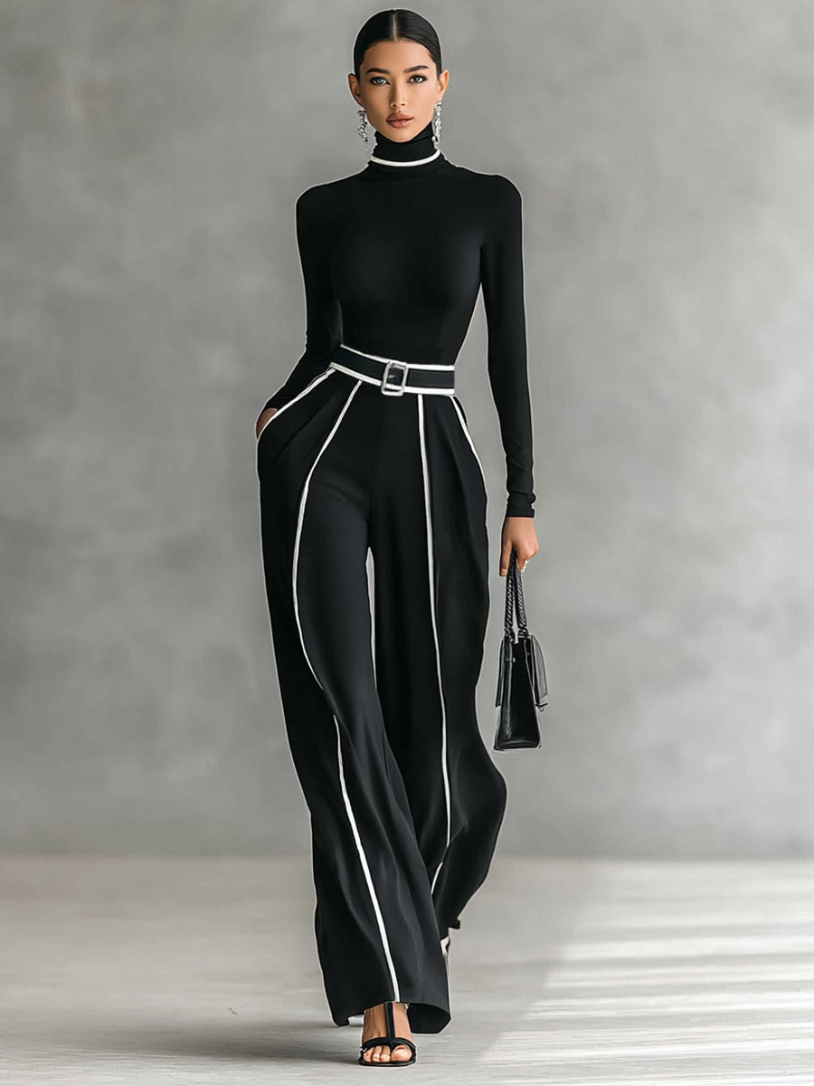 Ensemble haut à col roulé blanc bordé et pantalon large