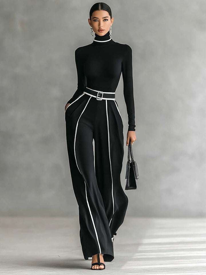 Ensemble haut à col roulé blanc bordé et pantalon large