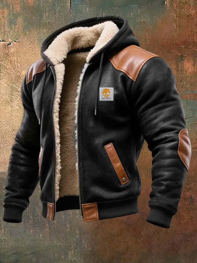 Veste vintage chaude en daim et cuir avec capuche