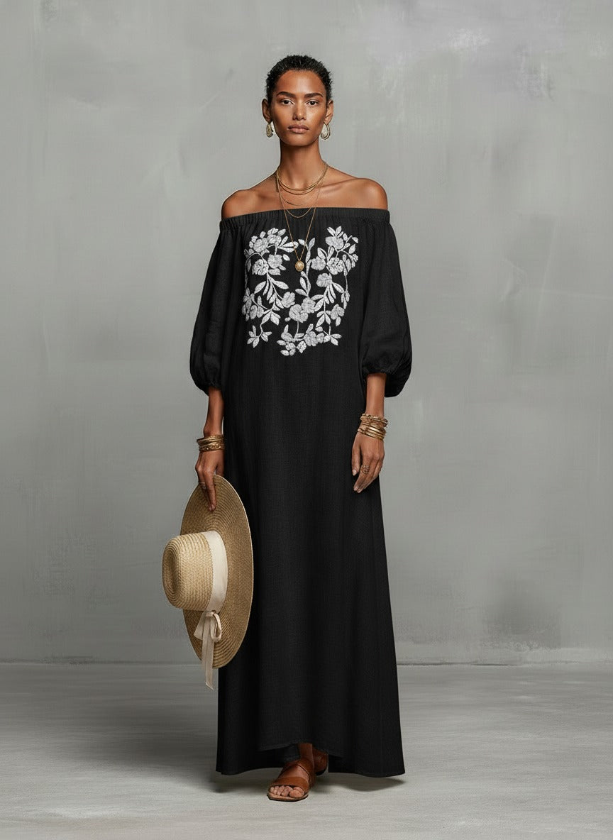 Robe longue brodée à épaules dénudées