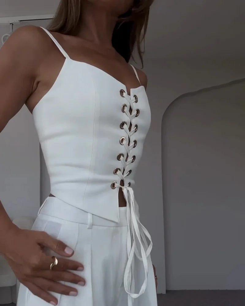 Ensemble deux pièces haut et pantalon à cordons