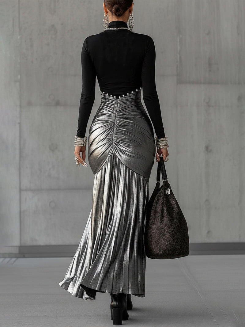 Robe longue plissée métallisé