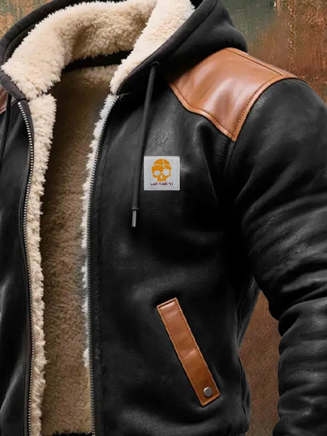 Veste vintage chaude en daim et cuir avec capuche