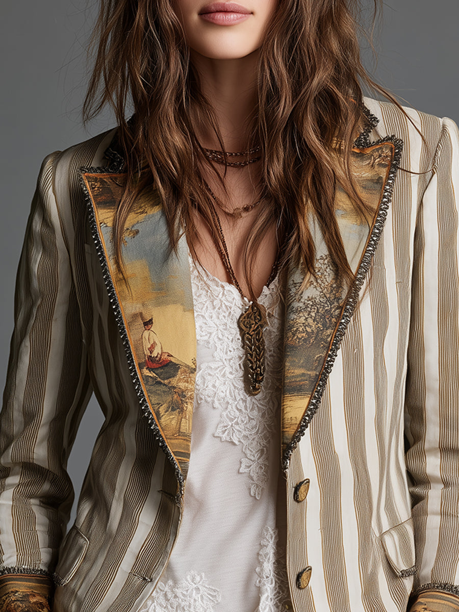 Blazer de Solapas Impresas a Rayas Boho para Mujeres