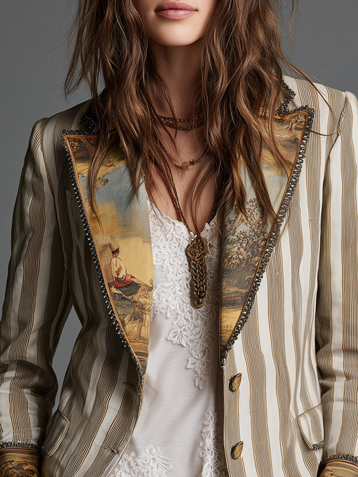 Blazer de Solapas Impresas a Rayas Boho para Mujeres