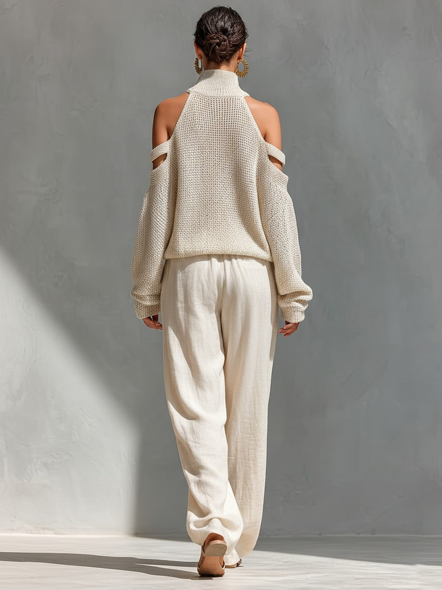 Ensemble haut à col roulé à épaules dénudées en maille et pantalon large