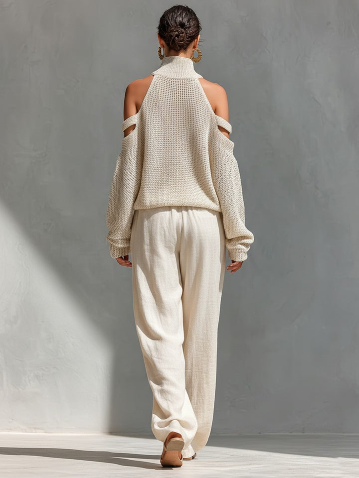 Ensemble haut à col roulé à épaules dénudées en maille et pantalon large
