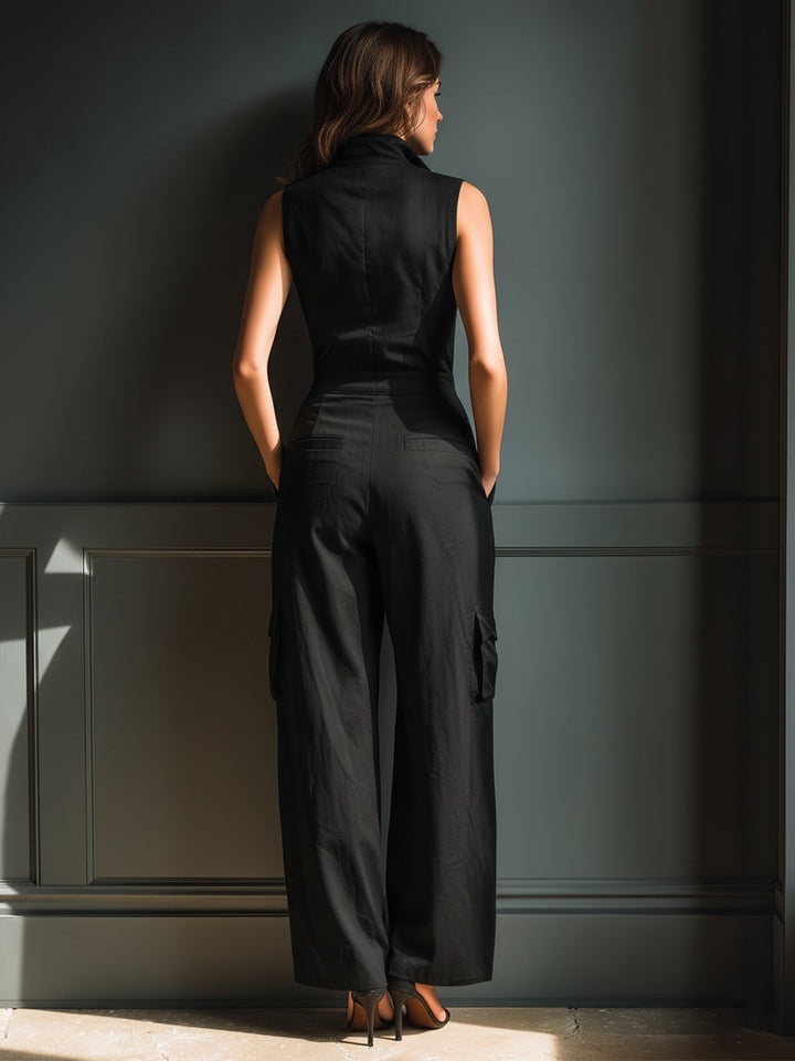 Combinaison à poches cargo en mélange de coton et lin noir