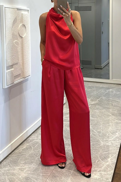 Ensemble en satin à col bénitier et pantalon taille large