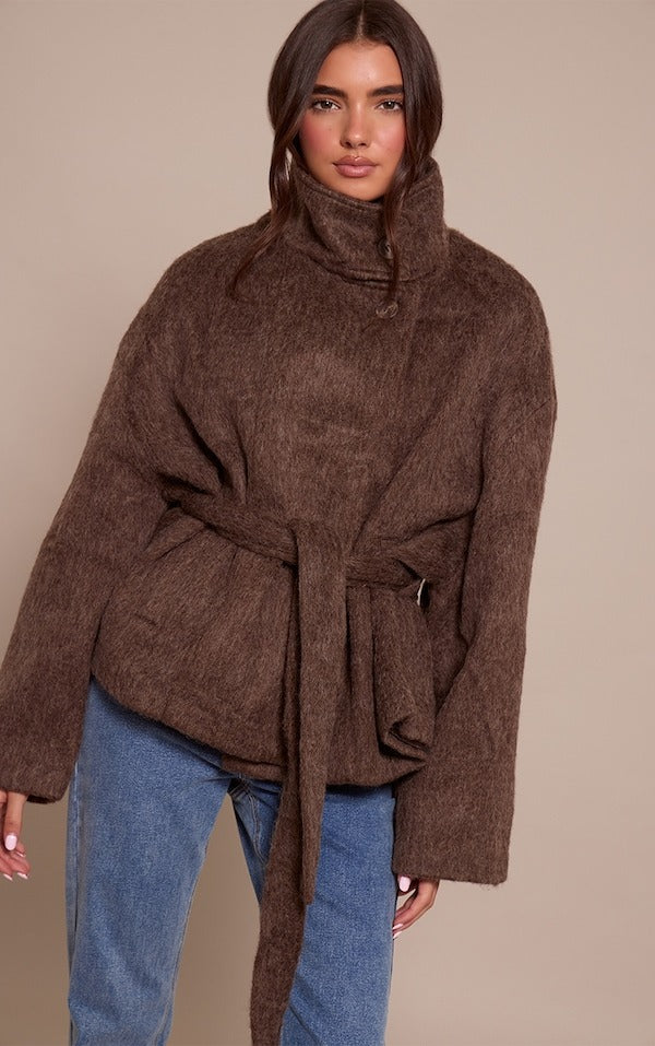 Manteau à nouer en fausse laine brossée chocolat