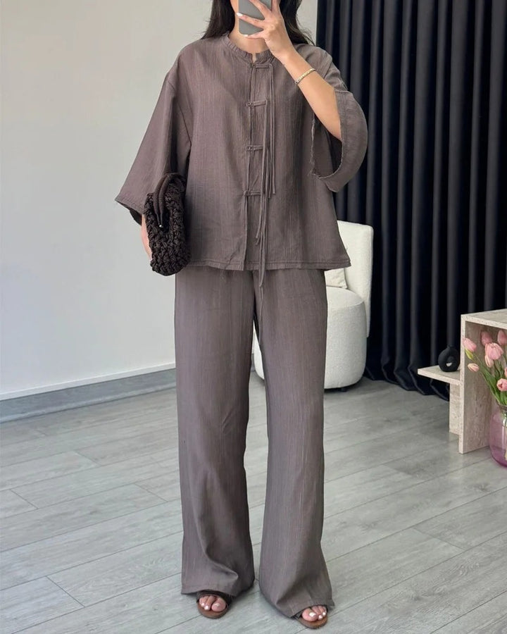 Ensemble deux pièces chemise boutonnée et pantalon tendance