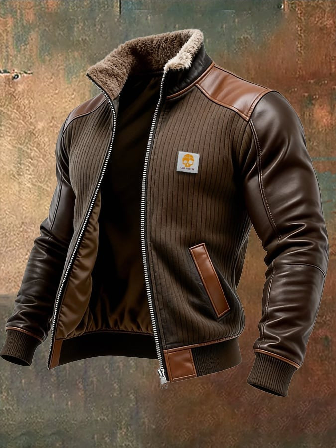 Veste rétro en tricot côtelé avec design patchwork en cuir