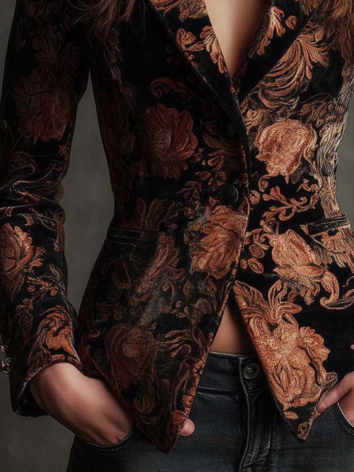 Blazer Entallado Floral Negro y Bronce para Mujeres