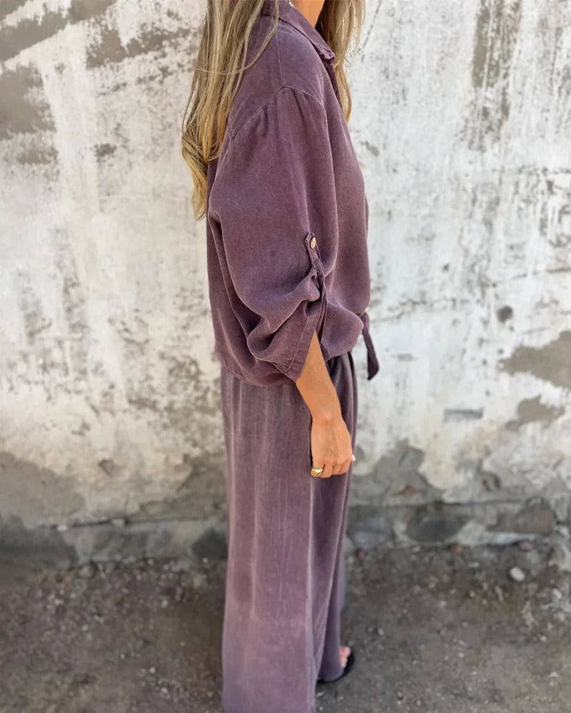 Ensemble deux pièces décontracté avec chemise unie et jambe large