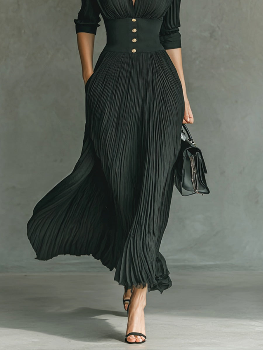 Robe longue plissée à manches longues et taille à revers