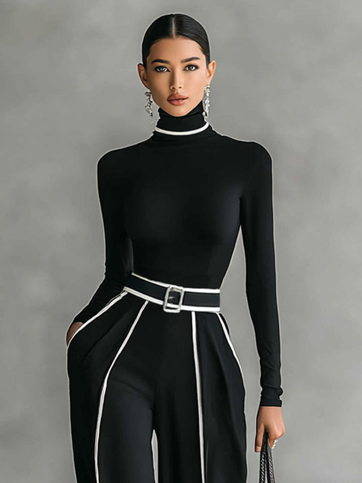 Ensemble haut à col roulé blanc bordé et pantalon large