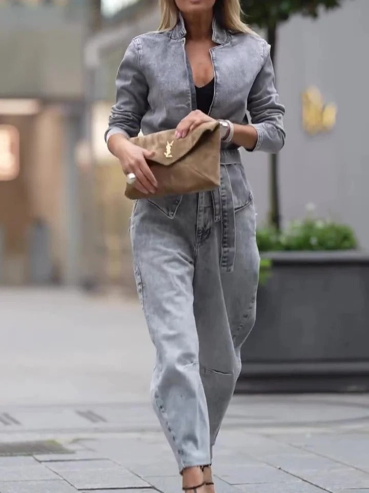 Ensemble veste légère et pantalon taille haute en denim